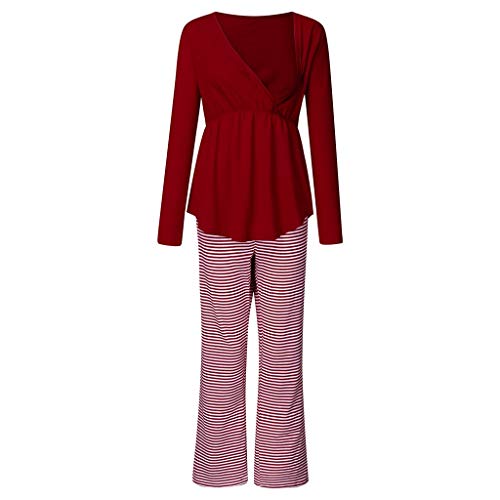 Maternity Nursing Pajama Set,Crytech Soft Comfy Solid Long Sleeve V Neck Wrap T-Shirt Top for Breastfeeding Casual Loose Striped Pants Sleepwear Nightgown Pjs Set for Preganct Women (Large, Red)
