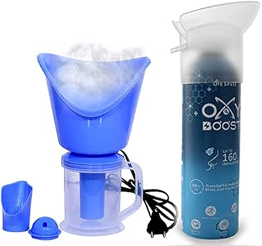 FASTDEAL OXY BOOST Natural Portable Oxygen Cylinder Can with Inbuilt Mask (9 Litre) (160 Breaths Approx) WITH 3 In 1 Steam Vaporizer,Facial Steamer Nose Steamer, (STREAM VIPORIZER WITH OXYBOOST)