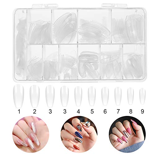 MAQUITA 600PCS Clear Acrylic Nail Tips and French Style Fake Nails Kit Full Cover False Ballerina Nail Tip 10 Different Sizes with Plastic Box for DIY Salon Nail Art