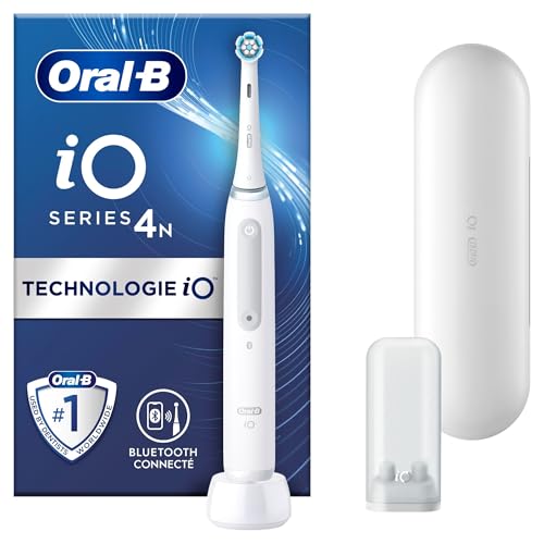 Oral-B iO 4 Brosse À Dents Électrique, 1 Manche Blanc, Le Capteur De Pression Pour Protéger Les Gencives, Des Accessoires, 1 Brossette Ronde De Rechange, 1 Chargeur, 1 Étui De Voyage