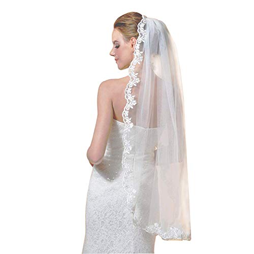 1 Tier Short Wedding Bridal Veil with Comb Lace Applique Edge Fingertip Length
