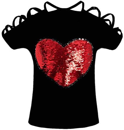 Girl Short Sleeve Heart Shaped Sequin Print T-Shirt Top