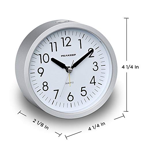 Peakeep 4 inches Round Silent Analog Alarm Clock Non Ticking, Gentle