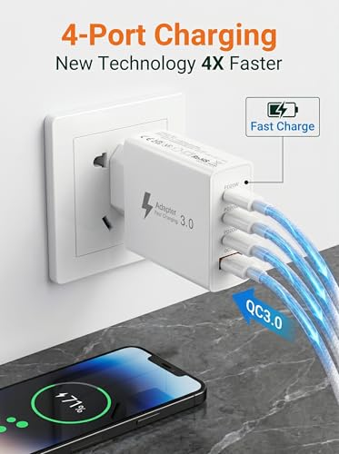 EU Travel Adapter Charger, 50W European Plug Adapter with 3 USB C and 1 USB A, Universal Travel Adapter European USB Charger Plug with Nylon 2M USB C Cable for iPhone 17 16 15 14 13/ iPad/Galaxy