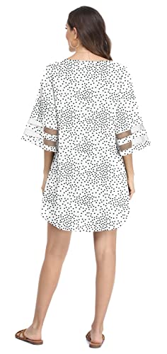 JOUICA WOMEN’S CHIFFON DRESS CASUAL V NECK 3/4 BELL SLEEVE SWIMWEAR MINI DRESSES,WHITE DOT,XX-LARGE