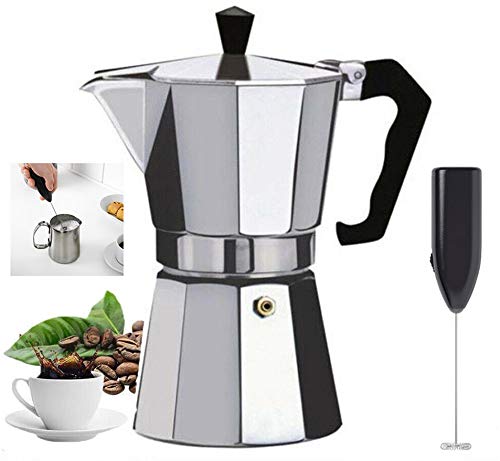 HK Online Italian Espresso STOVE TOP Coffee Maker & Electric MILK FROTHER -Continental Percolator Pot Jug, Camping, Caravan, Brewing Rich Coffee (2 CUP Espresso & Frother)