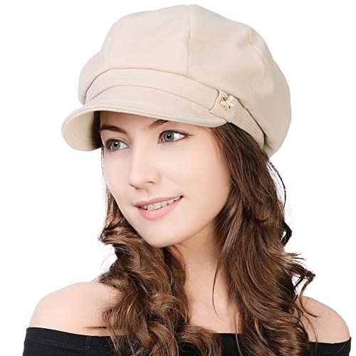 Jeff & Aimy Womens Newsboy Peaked Cap Visor Beret Winter Fashion Baker Boy Peaked Cap for Ladies Painter Newsy Cabbie Hat Satin Lined Beige M