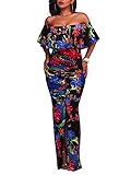 FairBeauty Women Summer Sexy Casual Split Floral Print Strapless Bodycon Cocktail Party Long Maxi Dress,Black,X-Large