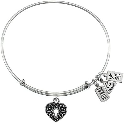 Wind and Fire 3-d Heart with Lock Silver Medal Charm Bangle