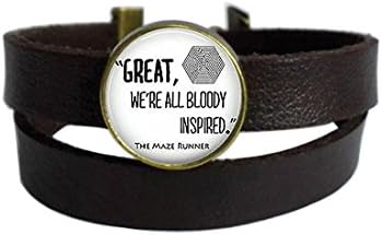 LAROK WAZZIT Two Layers Design Dark Brown Leather Cuff Bangle MAZE RUNNER Quote Pendant Rope Wristband Bracelet with Glass Pendant