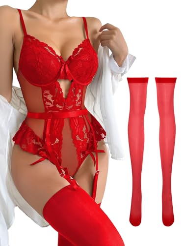 Lilosy Petite Lace Garter Lingerie Set Red X-Small