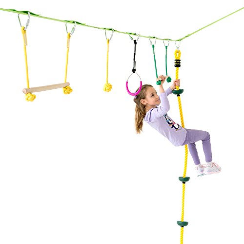 Powerfly Ninja Hanging Obstacle Course Kit for Kids - 36' Slackline, 2 Monkey Bars, 2 Gymnastics Rings, 3 Fists, Climbing Rope - Obstacles Line Equipment Set for Backyard Playground Activities