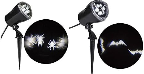 Halloween Whirl-a-Motion White Spider Projection Stake Light &amp; White Bats Projection Light for Halloween, Parties Bundle of 2