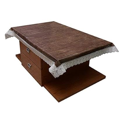 eretailer PVC Waterproof 4 Seater Centre Table Cover with Wooden Touch and White Lace (Brown, 40x60-inch)