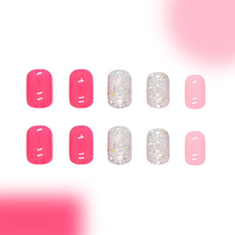24 Pcs Pink Press on Nails Short Square - YIHONGYAN Spring Fake Nails Press ons Nails Acrylic Nail Kit Full Cover False Nails with Sequins Glossy Glue on Nails Art Stick on Nails for Women Manicure - Image 4