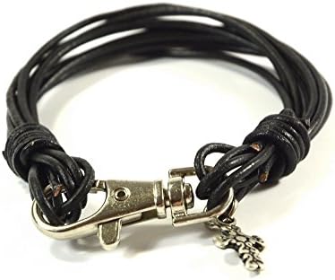 Multi Strand Black Leather Cross Bracelet for Men size 8.0 inch (20 CM)