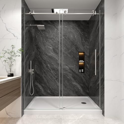 KPUY Frameless Sliding Shower Door 55-60" W x 76" H, Brushed Nickel