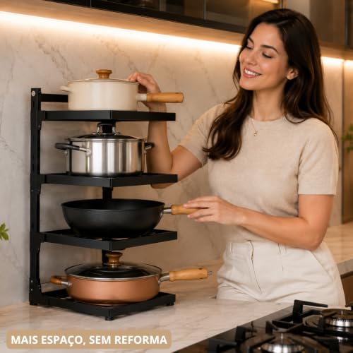 Organizador de Panelas Vertical Ajustável em Ferro – Porta Panelas para Armário de Cozinha | Suporte Modular com Ajuste de Altura para Panelas, Frigideiras e Tampas (4 camadas)
