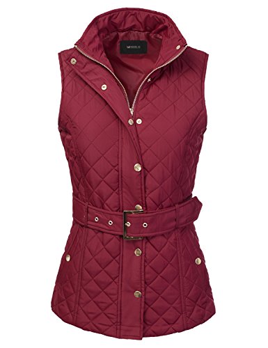 Doublju Womens Basic Quilted Padding Vest With Pockets BURGUNDY LARGE