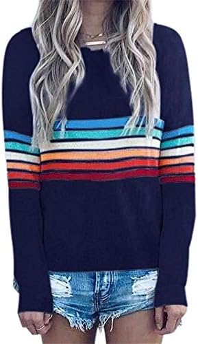 Women Casual Top Stripe Printed Crew Neck Long Sleeve Loose Fit Fashion Shirt Blouse