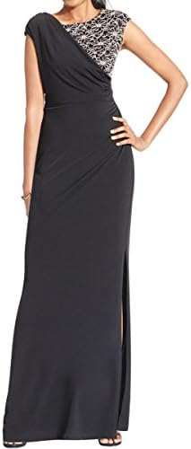Connected Apparel Womens Petites Embroidered Sequined Evening Dress Black 4P