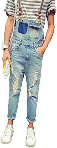 JUSTNICER Men's Summer Style Pockets Denim Overalls Hole Ripped Crop Jeans for Man Ankle Length Jumpsuits