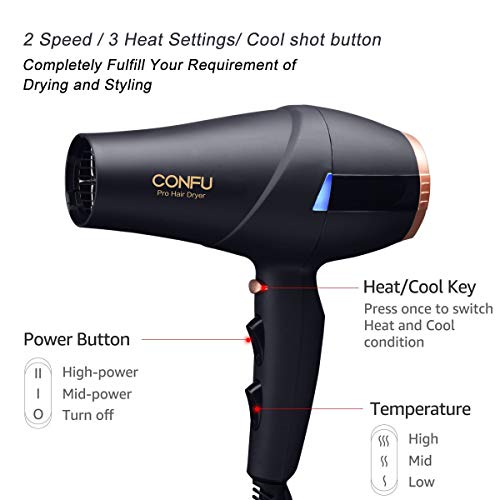 Professional Ionic Hair Dryer CONFU 1875W AC Motor Blow Dryer with Diffuser 2 Concentrators Fast Drying with 3 Heat 2 Speed Settings Cool Shot Button LED Night Light ETL Certified Black - Thumbnail 4