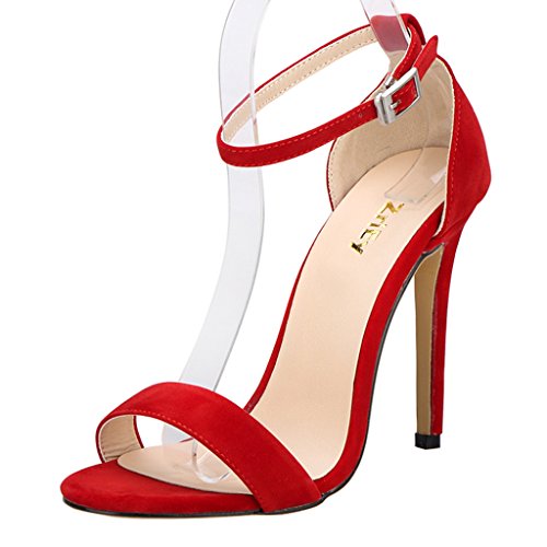 ZriEy Women's Ankle Strap Dress High Heel Sandals Stilettos 11CM Open Toe Heeled Sandal Suede Red Size 7.5 for Wedding Party Evening Business Shoes