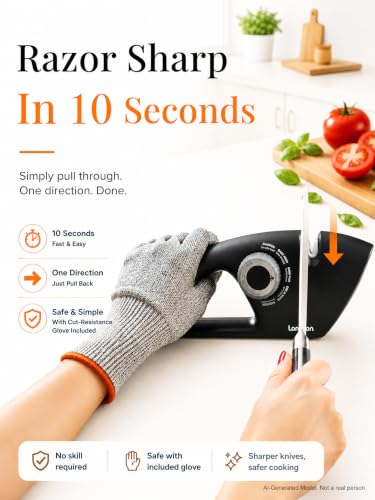longzon Knife Sharpener 6-in-1 Manual Sharpening Tool with Cut-Resistant Glove, for Kitchen Knives, Serrated Knives, Scissors, and Pocket Knives – Safe and Easy to Use