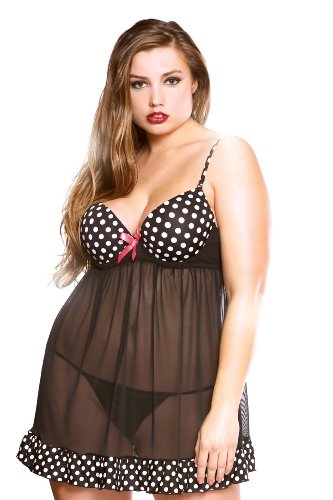 Fantasy Lingerie Women s Plus-Size Underwire Baby Doll and G-String, Polka Dot, 1X/2X