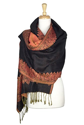 Paskmlna Border Pattern Double Layered Reversible Woven Pashmina Shawl Scarf Wrap Stole (#01),Large