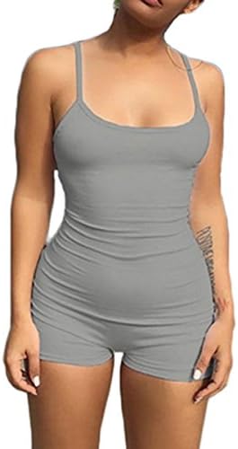 Tianve Casual Women's Spaghetti Strap Bodycon Short Jumpsuit Low Cut Sport Romper Catsuit (Gray, S)