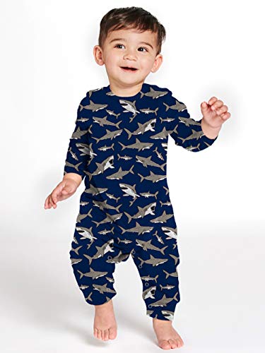 Kids4ever Shark Printed Baby Coveralls Lap Shoulder Pajamas Jumpsuit Long Sleeve Romper