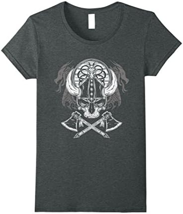 Womens viking skull with horn helmet axes and dragons t-shirt Large Dark Heather