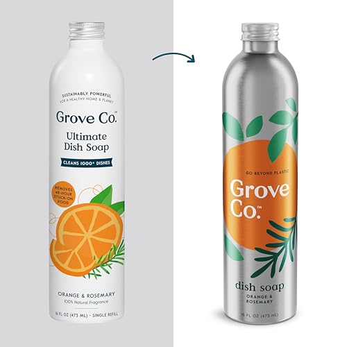 Grove Co. Ultimate Dish Soap Refills (3 x 16 Fl Oz) Removes 48-hr Stuck-on Food & Grease, No Plastic or Parabens, 100% Natural Orange & Rosemary Fragrance