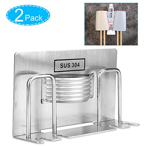 Samshow Toothbrush Holder Stainless Steel Adhesive Wall Mounted Tooth Brush Holder Accessories for Bathroom Lavatory Home Storage & Organizer - 2 Pack