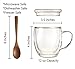 Large Double Wall Insulated Glass Coffee mugs with Lids Set of 2-12 Ounce Clear Cups for Tea Latte Cappuccino Espresso - Includes 2 Wooden Spoons