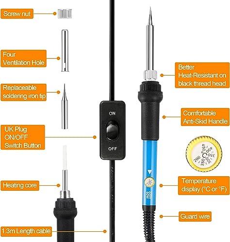 Azonee Soldering Iron Kit, Soldering-Iron Gun with Adjustable Temp and ON/Off Switch, 5 Soldering Tips, Desoldering Pump, Solder Wire, 2 in 1 Wire Stripper Cutter, Soldering Iron Stand, Tool Case