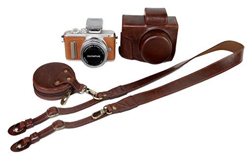 Bottom Opening Version Protective PU Leather Camera Case Bag For Olympus PEN Lite E-PL8 EPL8 with 14 - 42mm EZ F3.5-5.6 Lens with Strap Belt and Storage Card Case Dark Brown