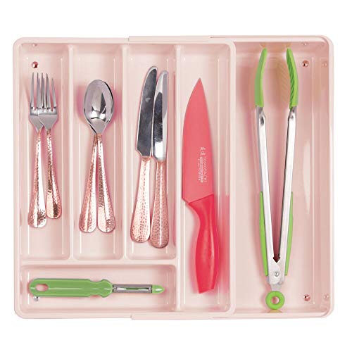 mDesign Adjustable, Expandable Plastic Kitchen Cabinet Drawer Storage Organizer Tray - for Storing Organizing Cutlery, Spoons, Cooking Utensils, Gadgets - 2" High - Light Pink/Blush