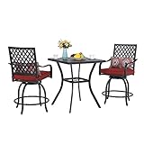 PHI VILLA Patio Height Bar 3 Piece Set Bistro Outdoor Garden Backyard Stools Set, Swivel 2 Patio Chairs and 1 Metal Top Square Table, Seat Cushions and Adjust Screw Feet