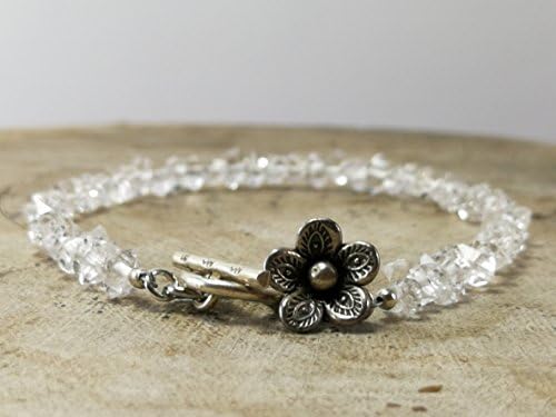 Herkimer Diamond Bracelet, April Birthstone, Handmade Bracelet, Gemstone Bracelet, Delicate Bracelet, Diamond Quartz Bracelet with flower Karen hill tribe - 6.5,7,7.5,8.0,8.5 - Custom size