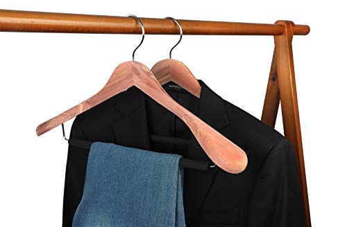 TOPIA HANGER American Red Cedar Suit Coat Jacket Wood Hangers, Luxury Wooden Hangers with No Painting, Wide Shoulder with Black Non-Slip Foam Padded Pant Bar- 360Â°Flexible Hook, 4 Pack- Natural- CT07N