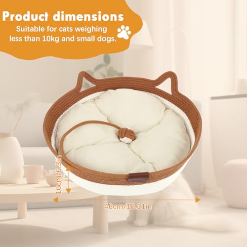 Zocipro Cotton Rope Cat Bed with Cushion, 46 x 46 x 16 cm, Large Round Washable Bed with Ball Toy in Cotton Rope
