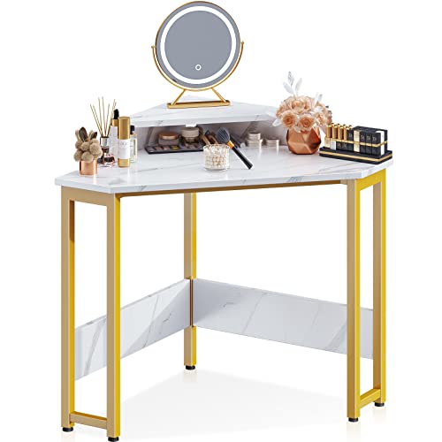 ODK Corner Vanity Desk, Makeup Vanity Table with Monitor Stand Shelf
