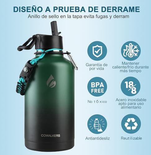 64oz Botella Térmica de Acero Inoxidable de 2 Litros, Termo Grande para Agua Fría de Metal para Mantener Frío, con Pajita y 3 Tapas para Gimnasio, Deportes y Oficina (Crush Indigo, 64oz)