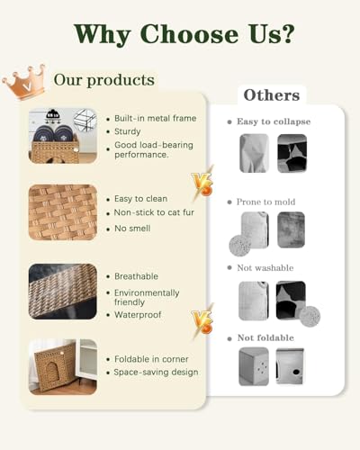 NIUB Cat Litter Box Enclosure Furniture, Hidden Litter Box with Mat and Fence, Handwoven Rattan Cat House with Two S-Shaped Hooks for Living Room, Bedroom, 18.5 x 20.5 x 19.1 Inches