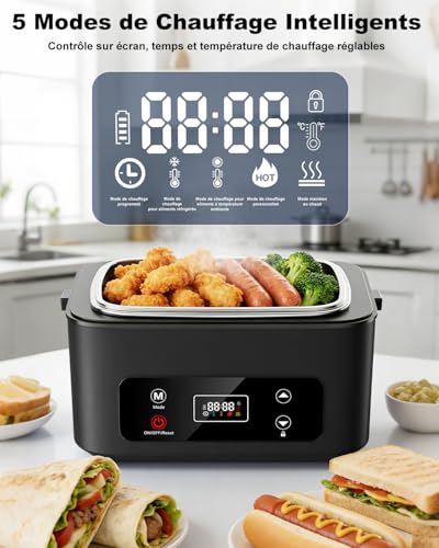 Moexili Heated Bowl, 100 W Electric Heated Lunch Box, 1.2 L | 2400 mAh Battery Heating Bowl, 5 Modes Wireless Portable Heated Lunch Box Stainless Steel for Office, Car, Camping