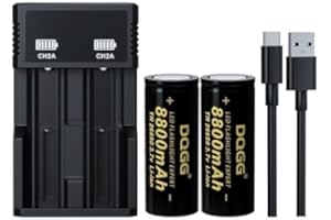 PAOWANG 26650 Rechargeable Battery 3.7Volt 8800mAh Large Capacity Flat Top for Flashlight Headlamp(2 Pack,26650 Battery+Charger)