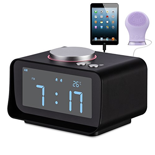 Digital Alarm Clock with Dual USB Charger Port,FM Radio and Night Light, Musical Dual Alarm with Snooze and Thermometer, for Bedroom Office Iphone Androidphone Ipad Ipod Tablets